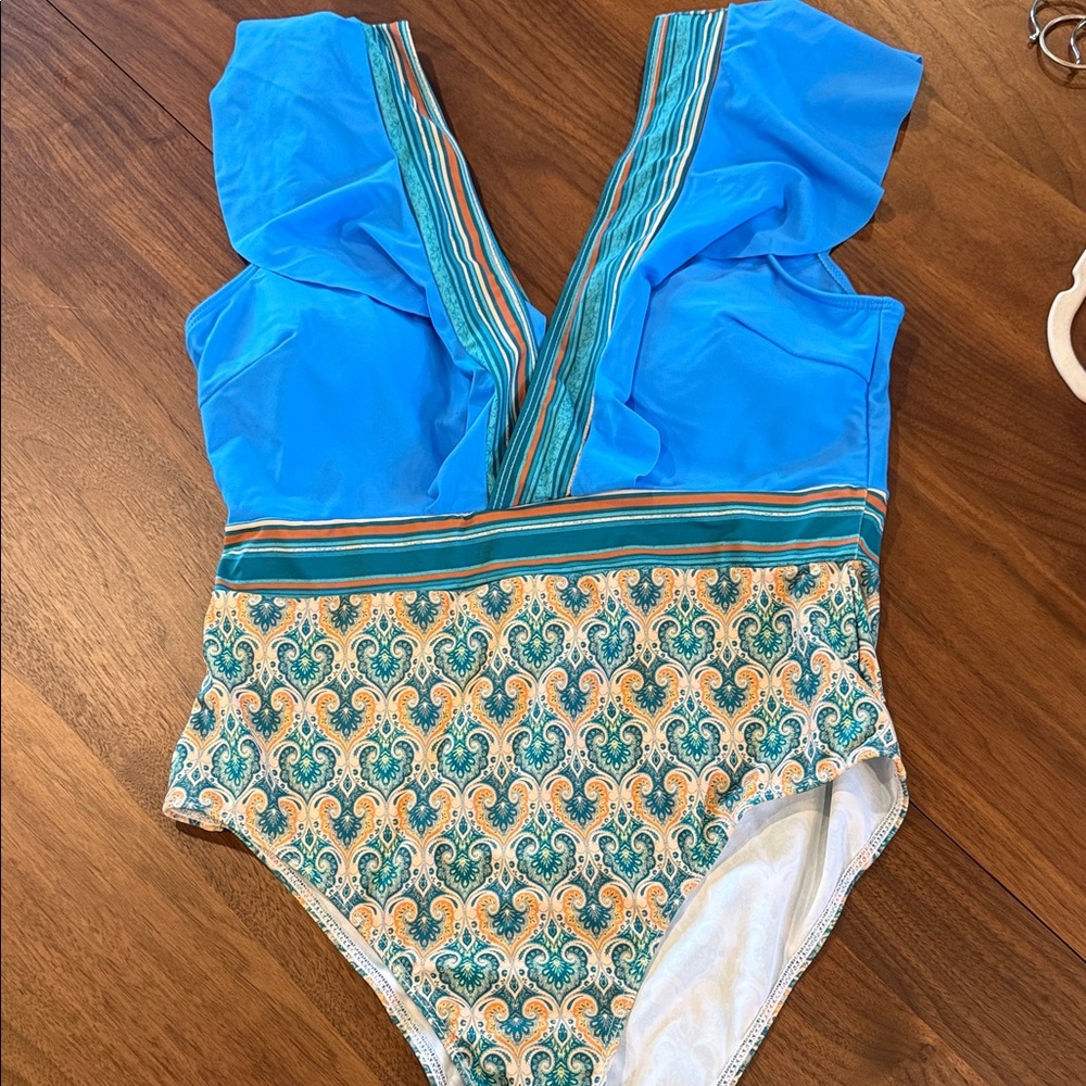 Blue and Orange Patterned Swimsuit